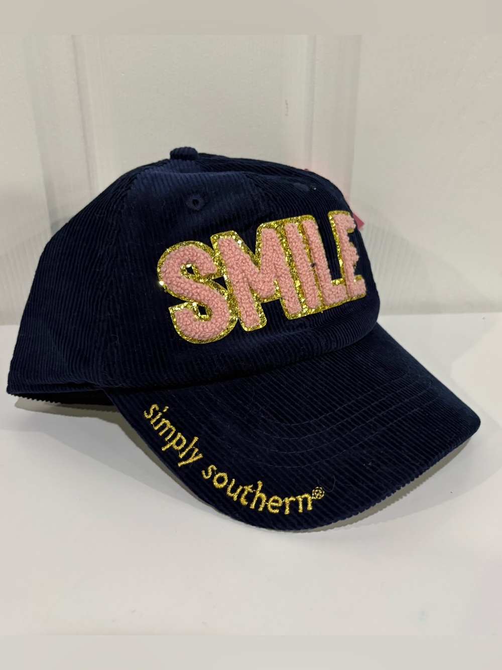 Simply Southern Navy Corduroy Cap with Pink & Gold 'SMILE' Patch